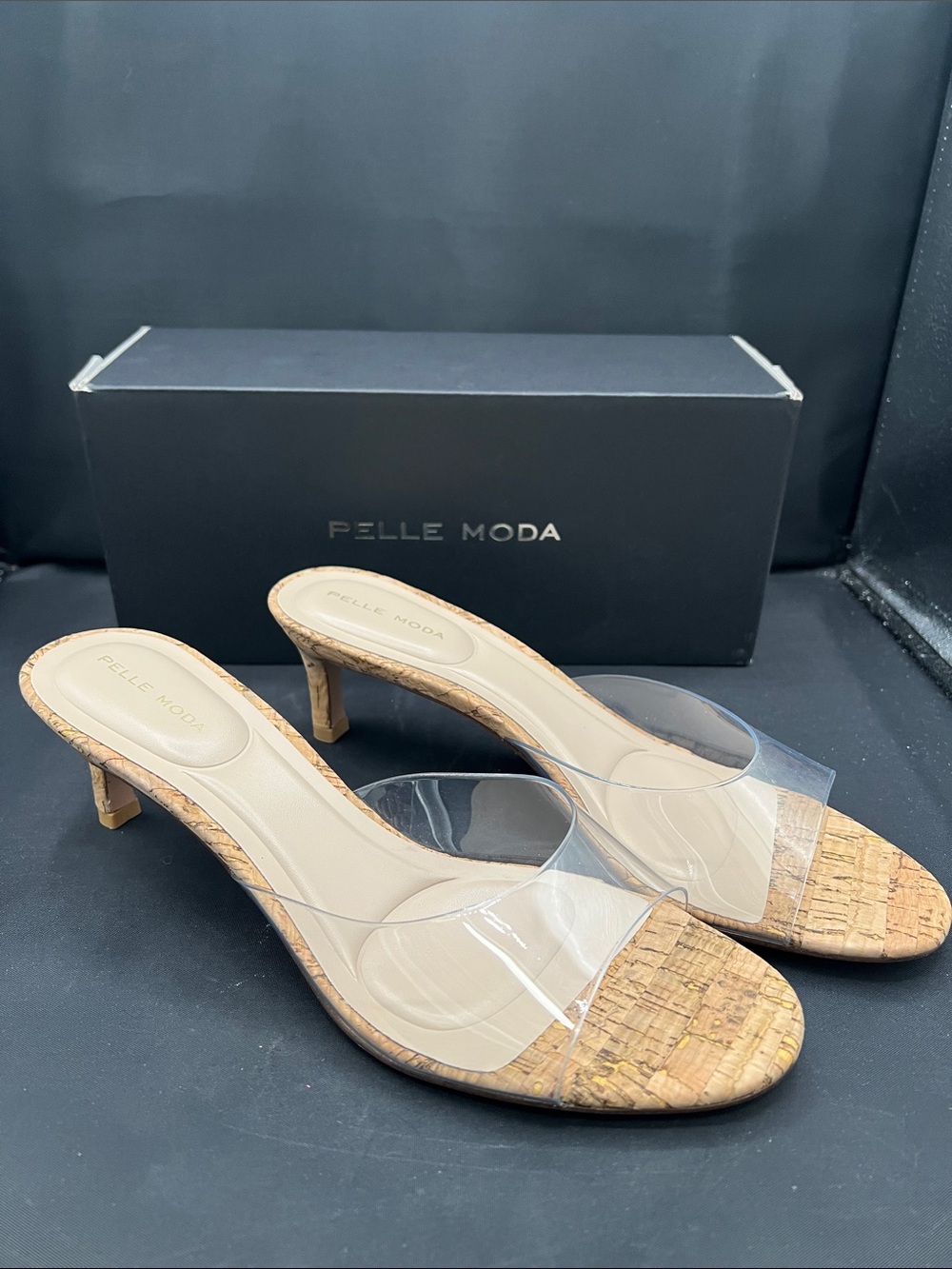 Pelle Moda Clear PVC Cork Kitten Heel Mules with Nude Insole